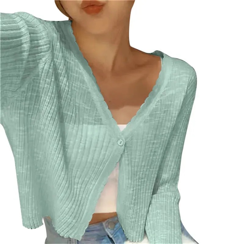 2024 Summer Ice Silk Sexy Women V Neck Button Long Sleeve Cropped Knitted Loose Sweater Tops Fashion Women Cardigan