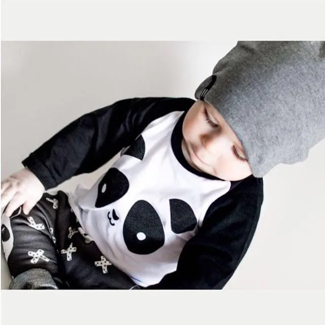 Baby Cartoon Panda Printed Long Sleeved T-shirt Pants 2pcs Clothing Set