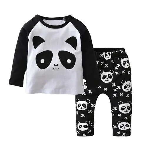 Baby Cartoon Panda Printed Long Sleeved T-shirt Pants 2pcs Clothing Set
