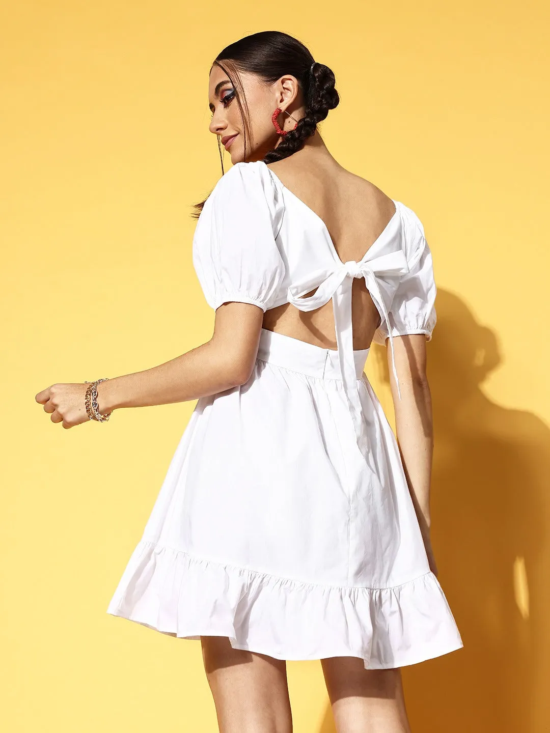 Berrylush Women Solid White Square Neck Tie-Up Back Cotton Flounce Hem Fit & Flare Mini Dress