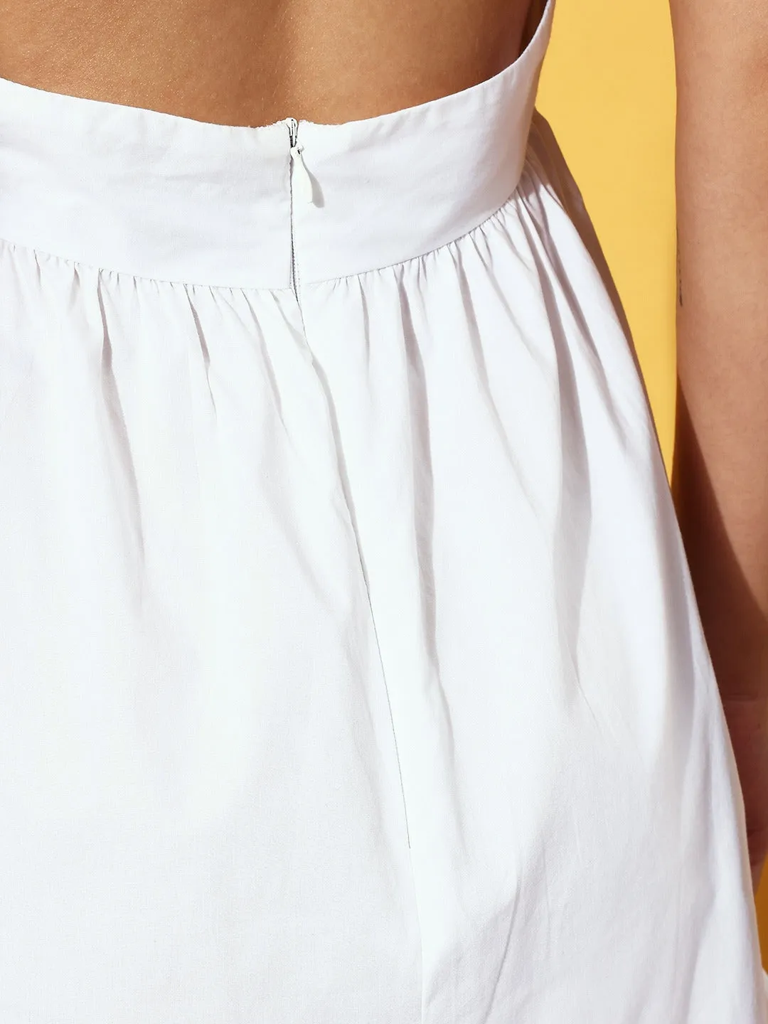 Berrylush Women Solid White Square Neck Tie-Up Back Cotton Flounce Hem Fit & Flare Mini Dress