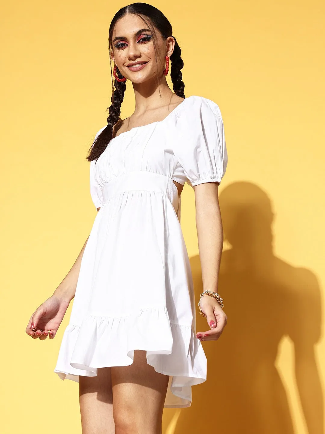 Berrylush Women Solid White Square Neck Tie-Up Back Cotton Flounce Hem Fit & Flare Mini Dress