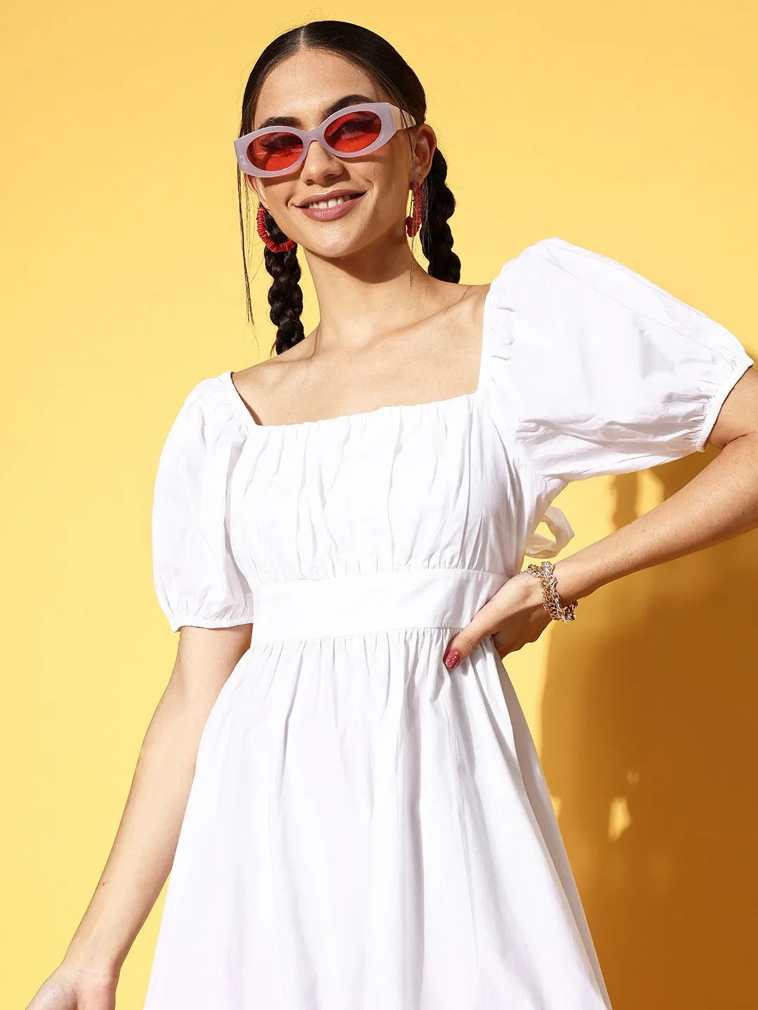 Berrylush Women Solid White Square Neck Tie-Up Back Cotton Flounce Hem Fit & Flare Mini Dress