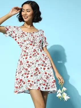 Berrylush Women White & Red Floral Printed Sweetheart Neck Tie-Up Front Crepe Fit & Flare Mini Dress