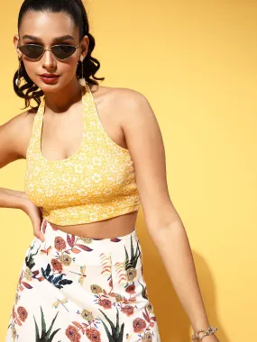 Berrylush Women Yellow Floral Printed Halter Neck Sleeveless Cropped Top