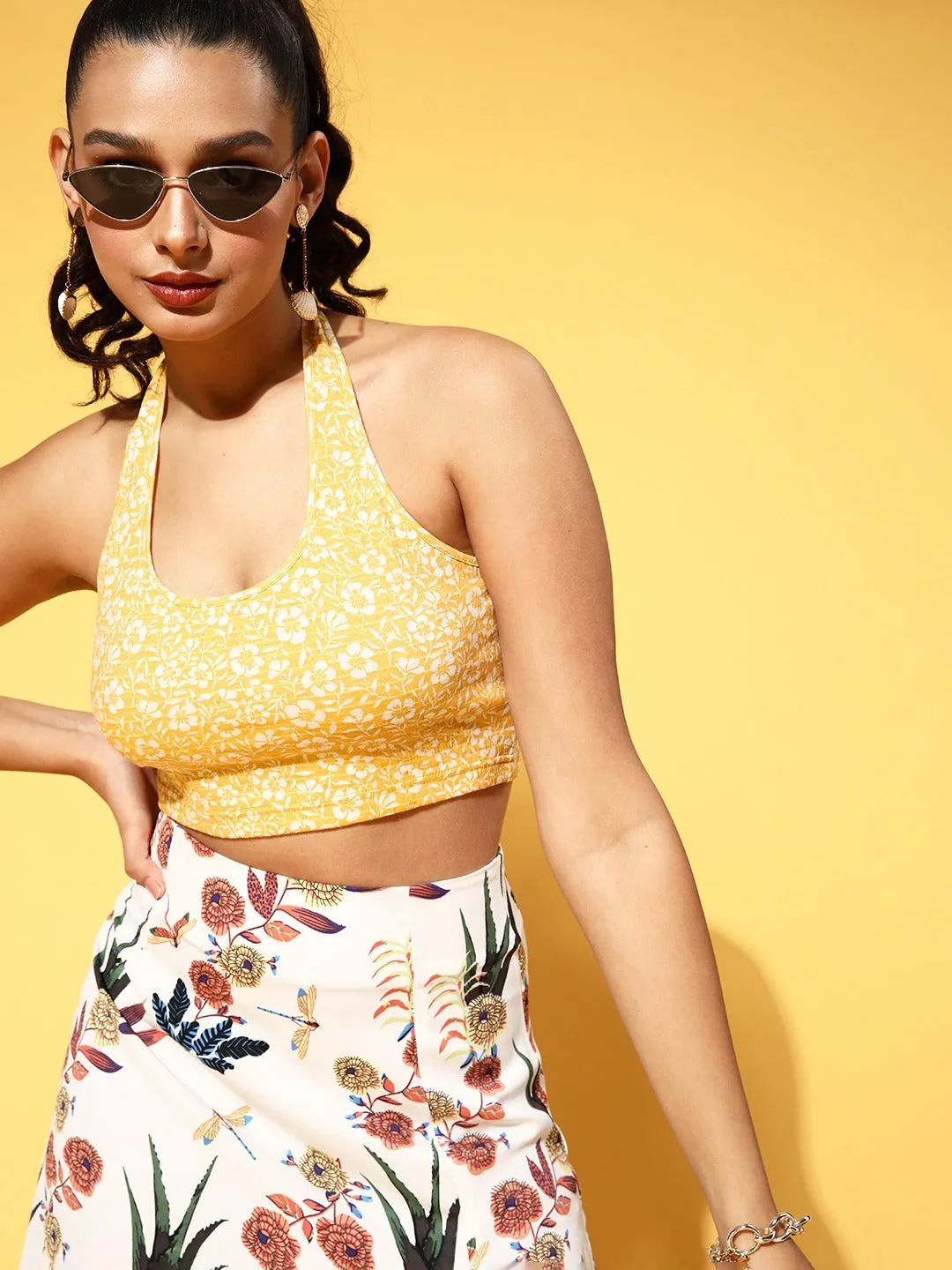 Berrylush Women Yellow Floral Printed Halter Neck Sleeveless Cropped Top