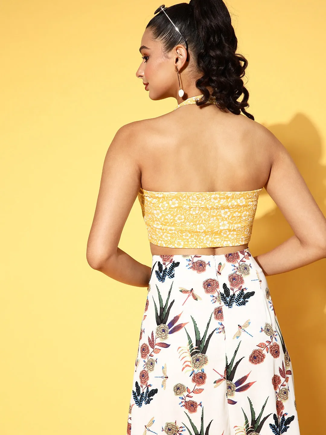 Berrylush Women Yellow Floral Printed Halter Neck Sleeveless Cropped Top