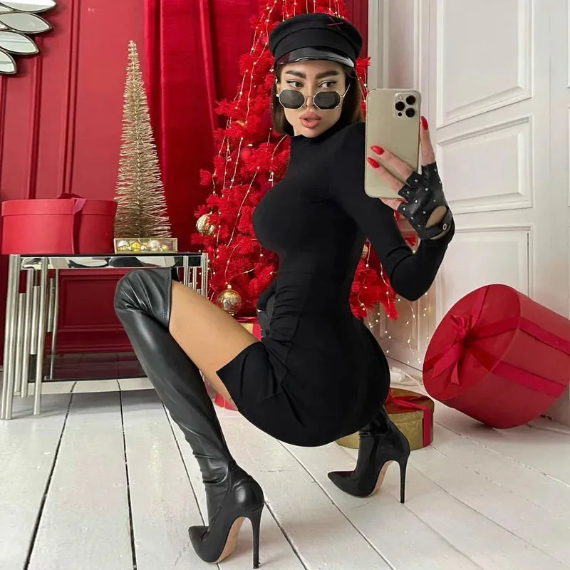 Black Slim Package Hip Mini Dress for Women - Spring/Autumn Streetwear