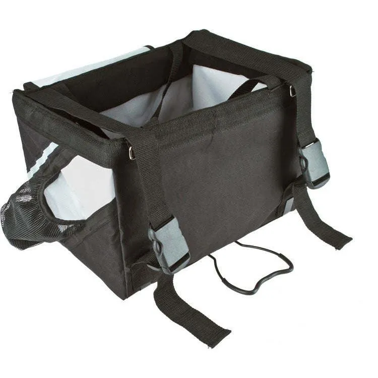 Collapsible bike carrier with safety leash.