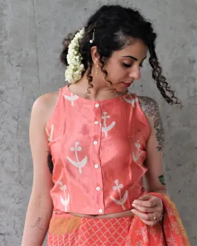 Coral Sleeveless Crop Top Blouse In Mashru Silk