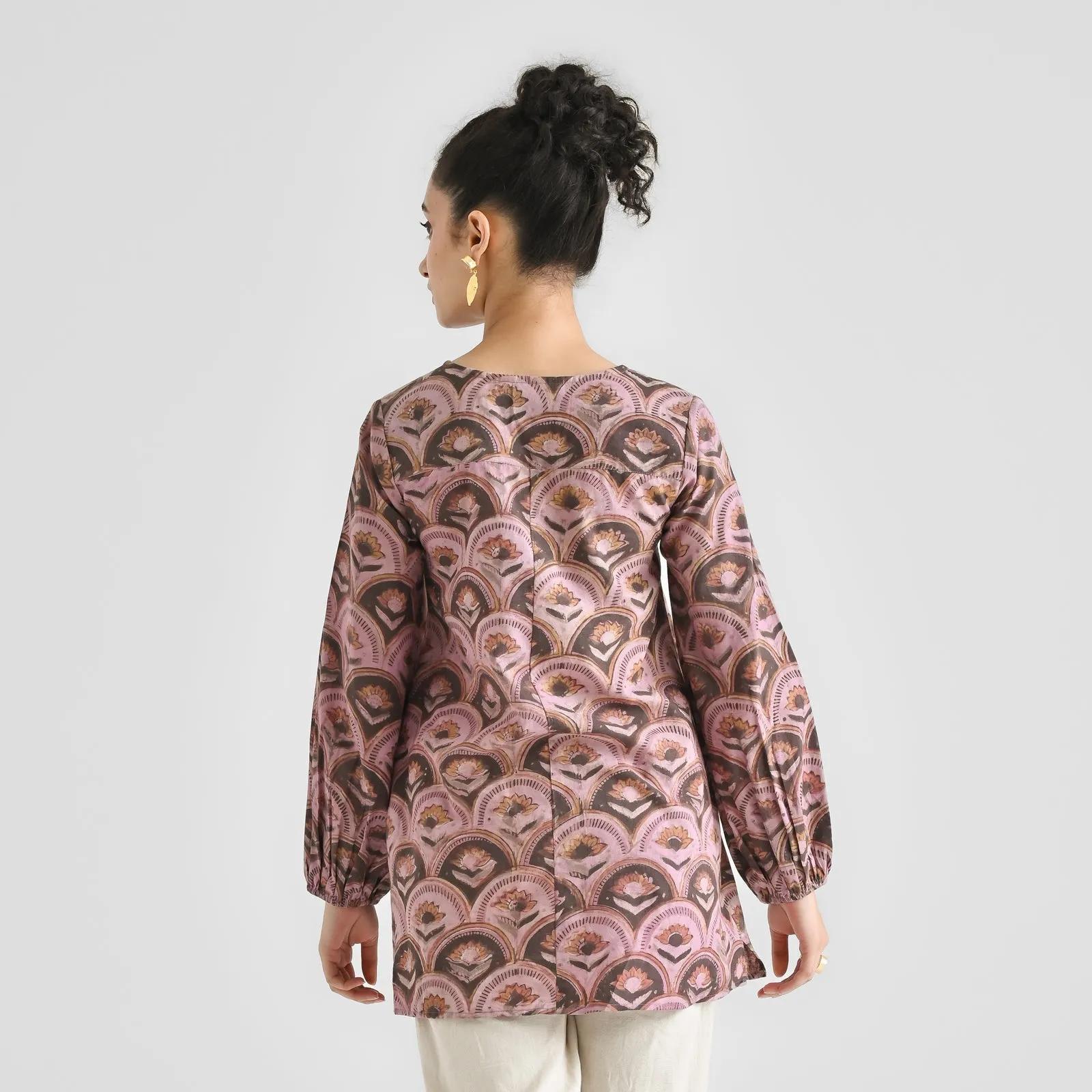 Dusty Pink Lotus Dabu Printed Cotton Tunic with Elastic Sleeve Detail
