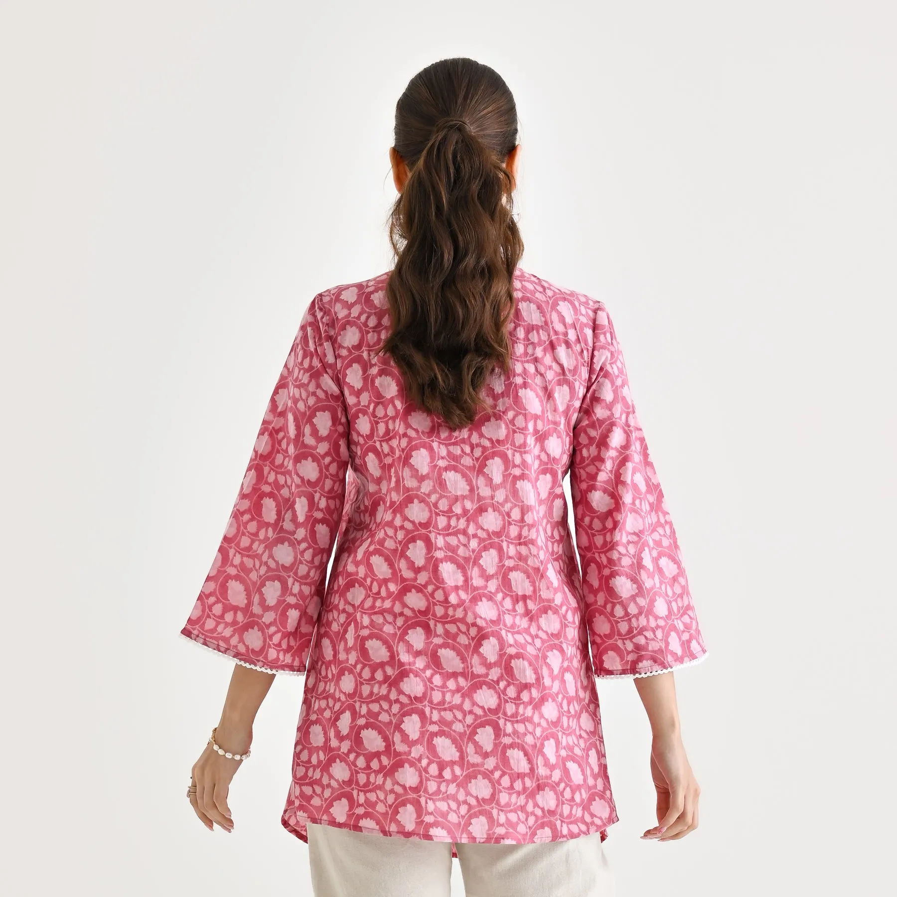 Dusty Pink Sanganeri Printed Cotton Tunic with Pintuck & Lace Details