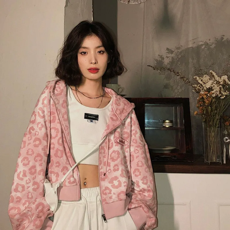 Fashionkova  Preppy Style Pink Sweatshirts Leopard Print Y2K Harajuku Oversized Hoodies Women Vintage Zipper Cropped Top Cute Jacket