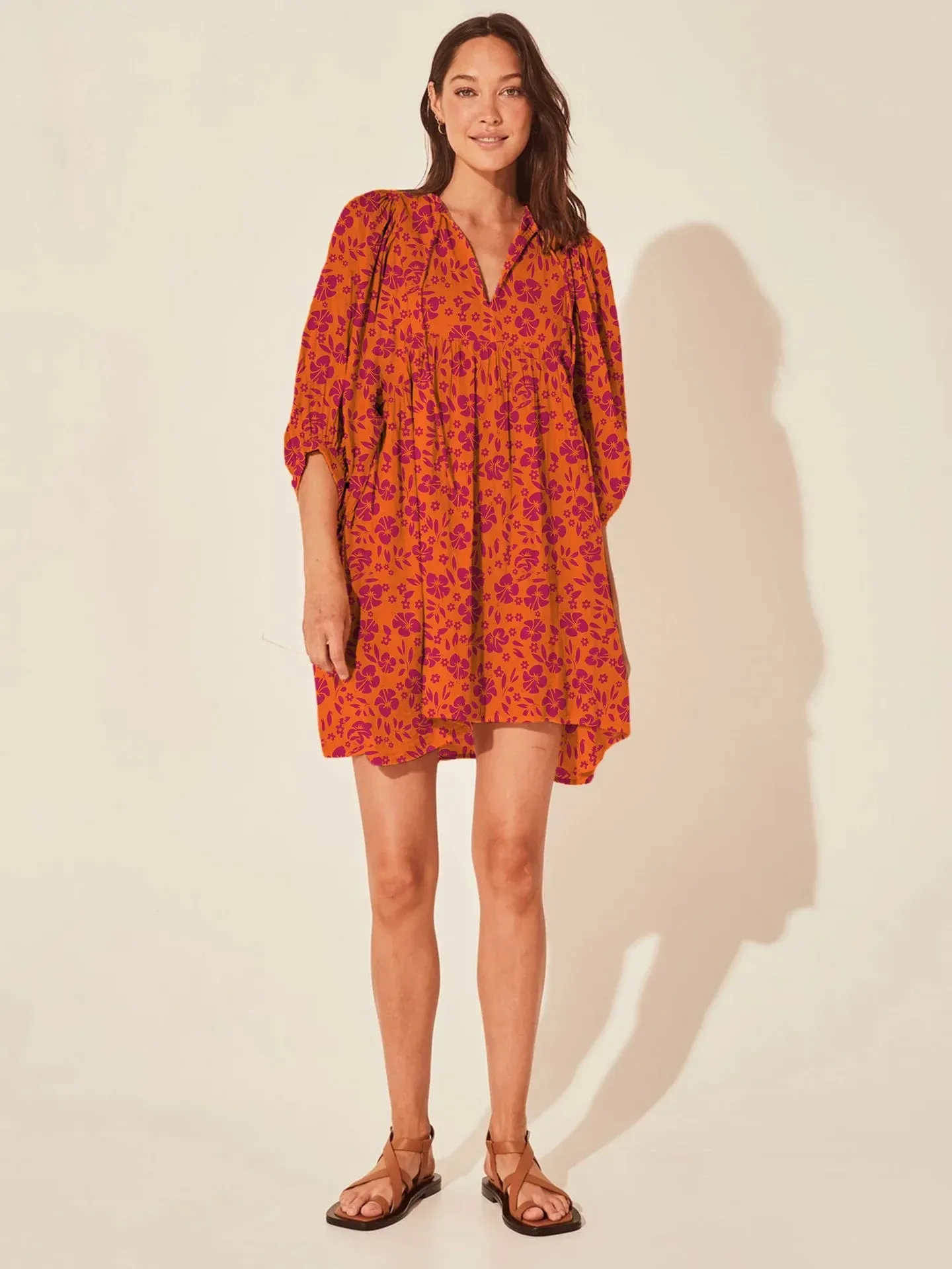Floral Print Casual Loose Mini Dress with Lantern Sleeves and Lace-Up V-Neck for Women's Spring/Summer 2024