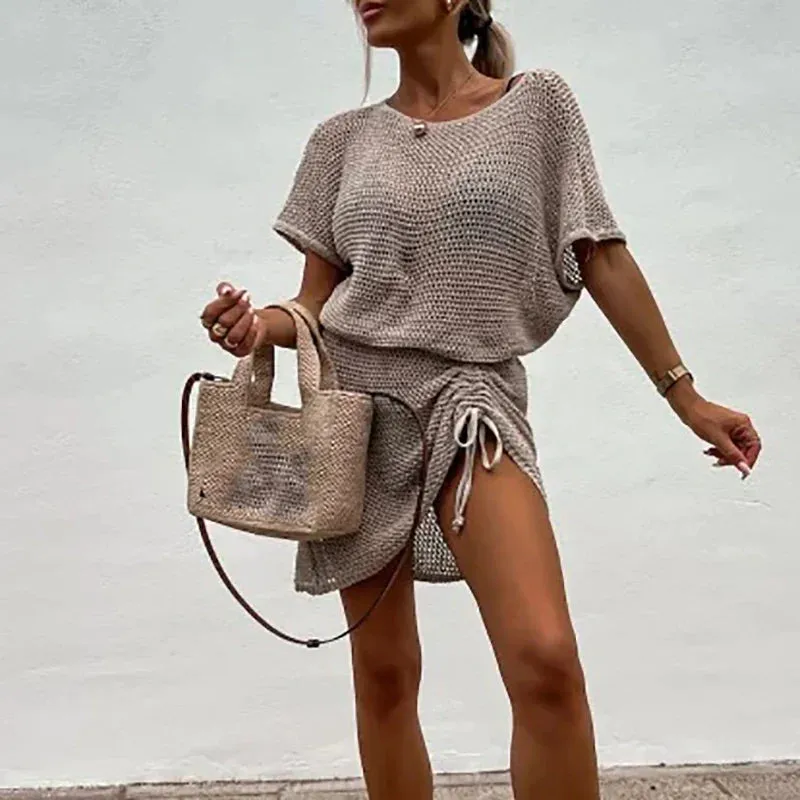 Hollow Beach Knitted Sexy Perspective Drawstring Mini Fashion O-neck Short Sleeve Cover Up Party Summer Dress