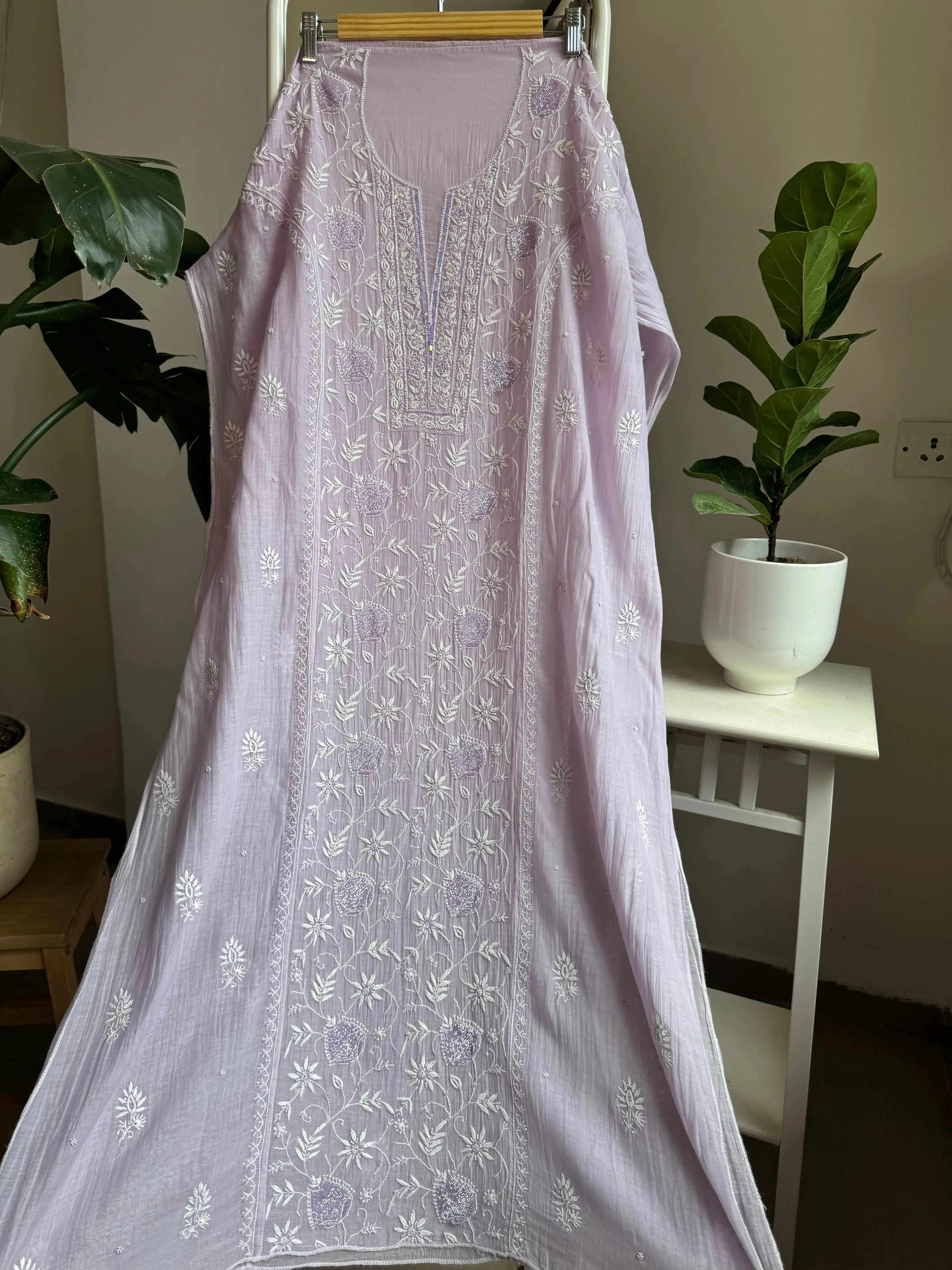 Mul Chanderi Chikankari Straight Tunic - Lilac