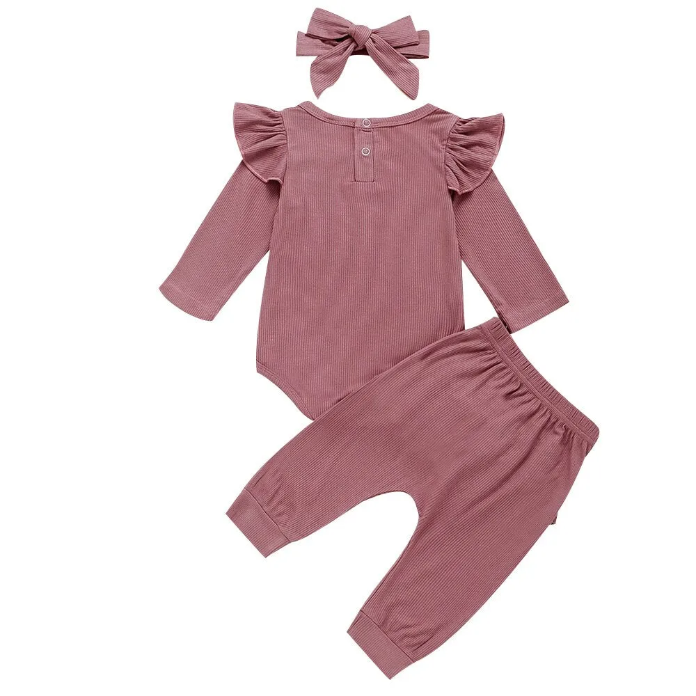 Newborn Infant Baby Girls Ruffle T-Shirt Romper Tops Leggings Pant 3Pcs Outfits Clothes Set Long Sleeve Fall Winter Clothing D20