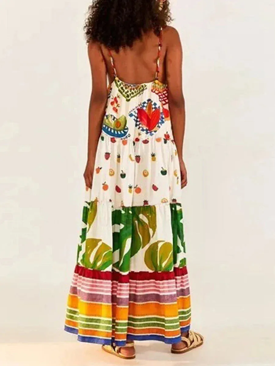 Spaghetti Strap Deep V-Neck Tropical Beach Style Fashion Dresses Summer Casual Sleeveless Dress