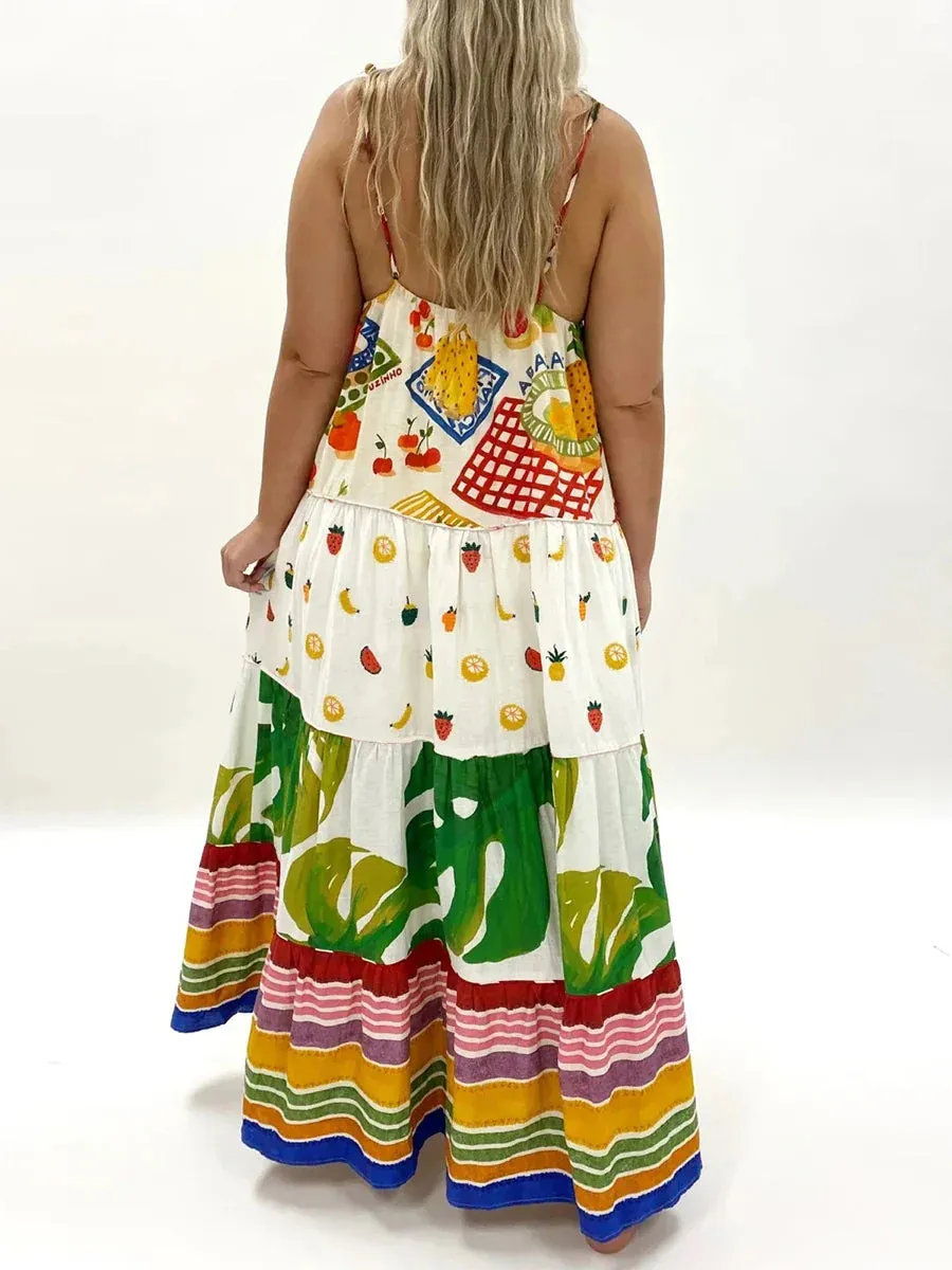 Spaghetti Strap Deep V-Neck Tropical Beach Style Fashion Dresses Summer Casual Sleeveless Dress