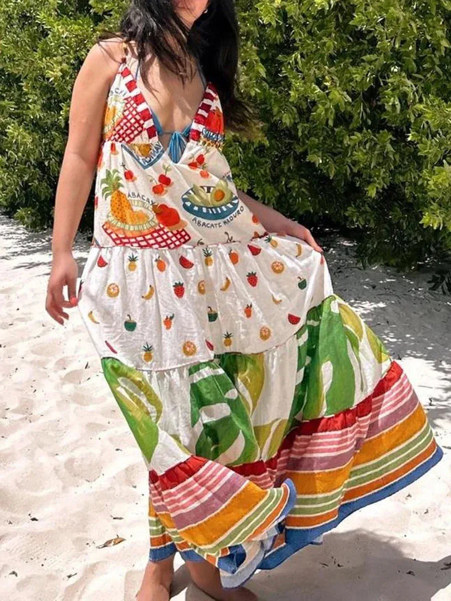 Spaghetti Strap Deep V-Neck Tropical Beach Style Fashion Dresses Summer Casual Sleeveless Dress