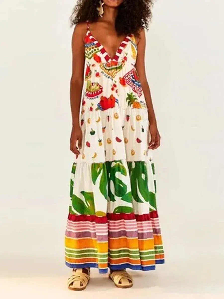 Spaghetti Strap Deep V-Neck Tropical Beach Style Fashion Dresses Summer Casual Sleeveless Dress