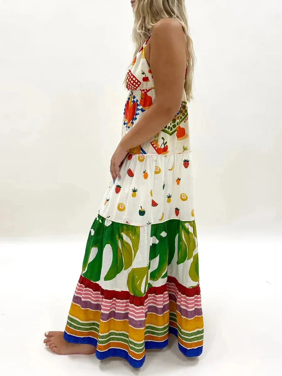 Spaghetti Strap Deep V-Neck Tropical Beach Style Fashion Dresses Summer Casual Sleeveless Dress