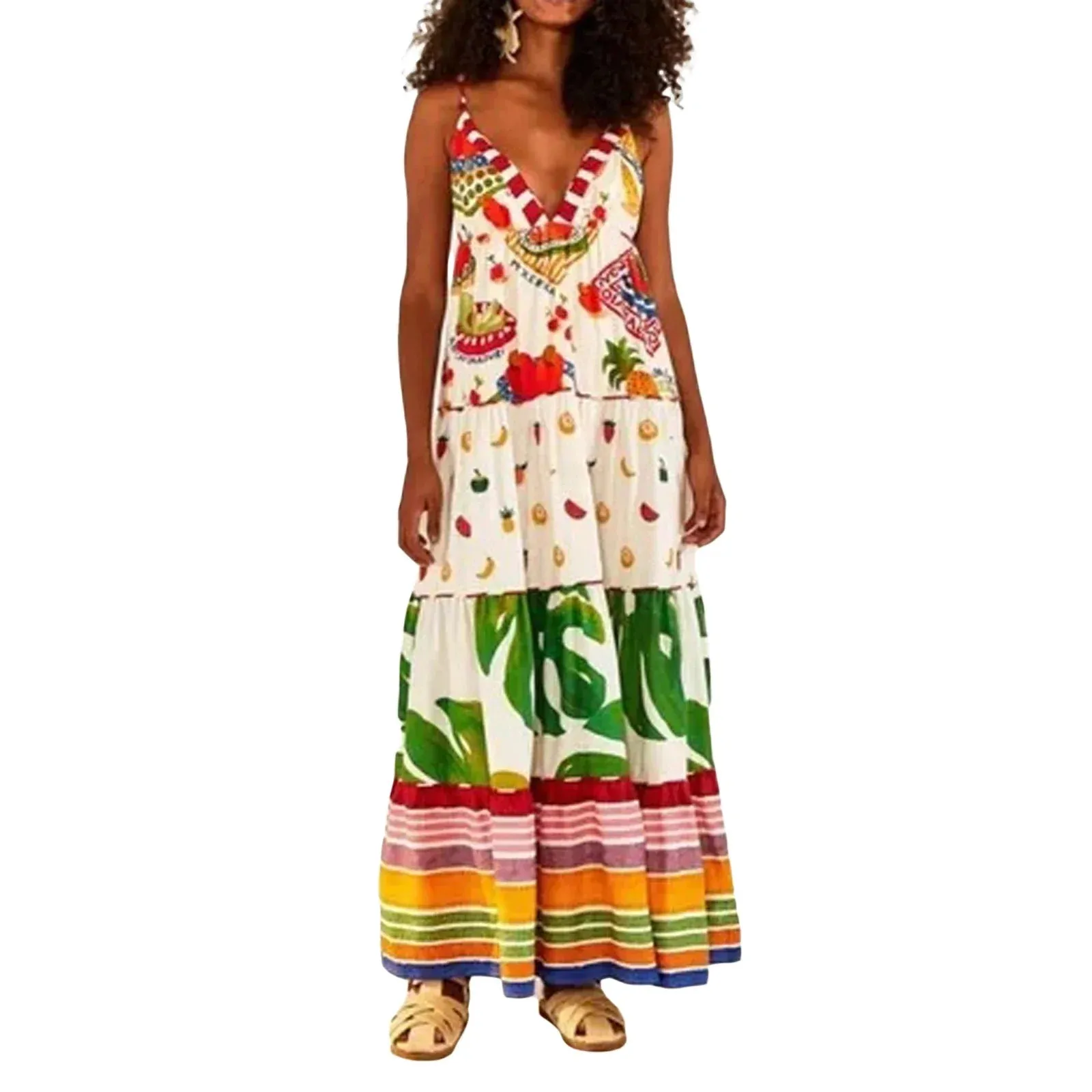 Spaghetti Strap Deep V-Neck Tropical Beach Style Fashion Dresses Summer Casual Sleeveless Dress