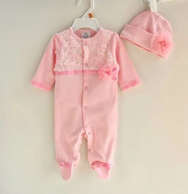 Spring Autumn Cute Ruffle Flower Full Sleeves Girls Rompers   Cap Princess Overalls Baby Jumpsuit Infant Outfit Kids Child Cloth