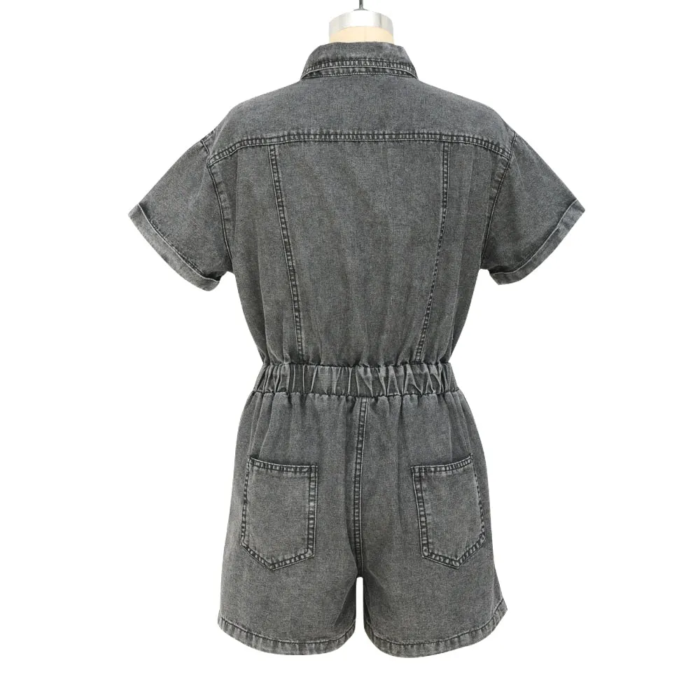 Wenkouban Summer Denim Short Jumpsuit Women Lapel Zipper Pockets Elastic Waist Retro Romper Palysuits Solid Overall Ladies England